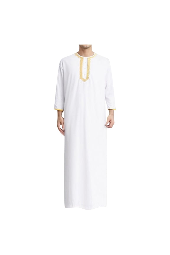 Men Embroidered Robe Arab Hui Solid Color Dubai Travel Traditional Clothing Long Sleeve Comfortable Loose Fit Men's Tops T-Shirt Casual Crew Neck Loose