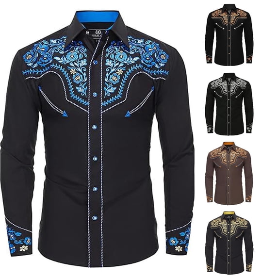 Men Embroidered Western Cowboy Shirt Long Sleeve Slim Fit Casual Button Down Style with Pockets Blue XXL