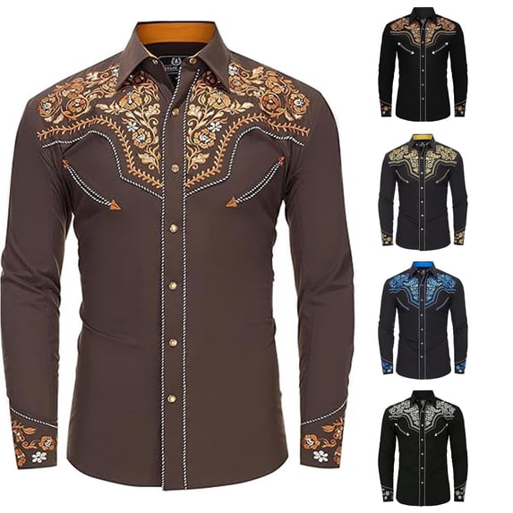 Men Embroidered Western Cowboy Shirt Long Sleeve Slim Fit Casual Button Down Style with Pockets Brown L