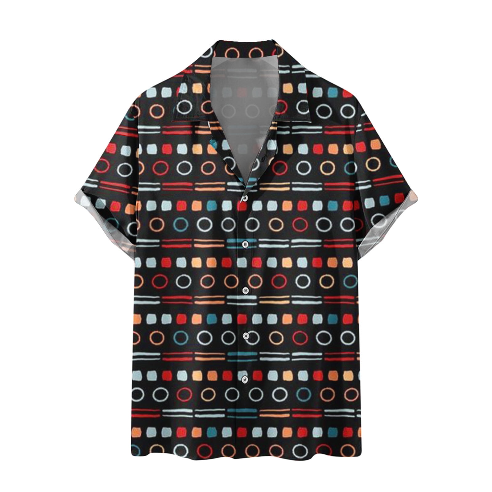 Mens Long Sleeve Tee Shirts,Mens Vintage Geometric Patchwork Print Button  Up Lapel Beach Shirts Regular Fit T-Shirt