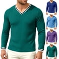 thumbnail image 1 of Men Fall Blouse Mineart High Stretch Ribbed Knit Top for men Solid Color Contrast Stripe V-Neck Long Sleeve Shirt Layerable Casual Fitness Daily Pullover, 1 of 6