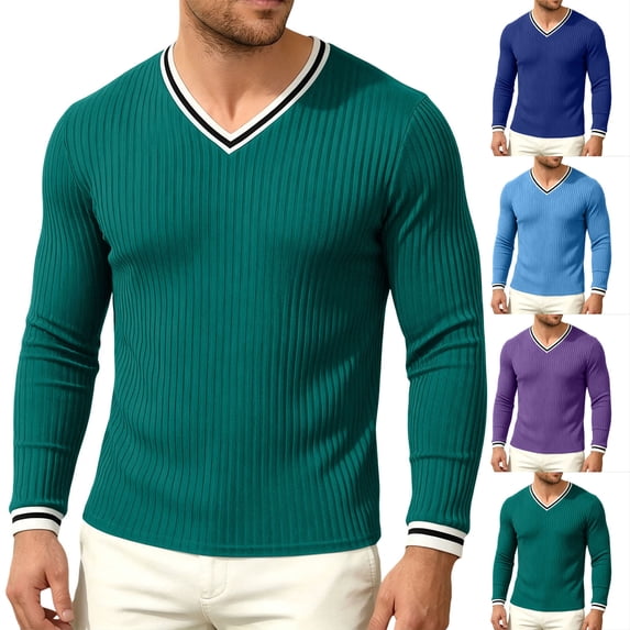 Men Fall Blouse Mineart High Stretch Ribbed Knit Top for men Solid Color Contrast Stripe V-Neck Long Sleeve Shirt Layerable Casual Fitness Daily Pullover