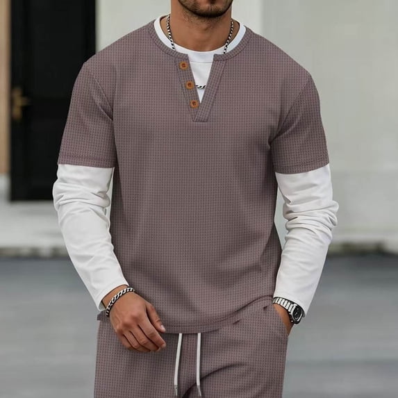 Men Fall Blouse Mineart Men Fake Two Piece V Neck Long Sleeve T Shirts Contrast Cuffs Color Pullover Tees Block Breathable Casual Tops Loungewear