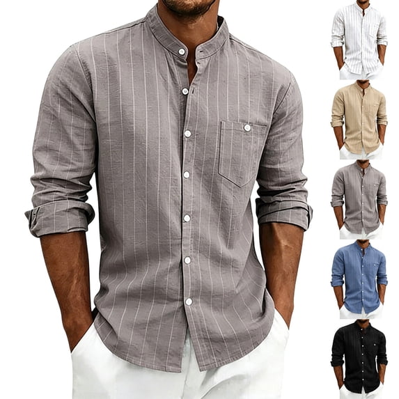 Men Fall Blouse Mineart Stand Collar Striped Linen Shirts Tops for men Loose Fit Long Sleeve Casual Button Down Commuting Shirts with Chest Pocket Daily Work Tops
