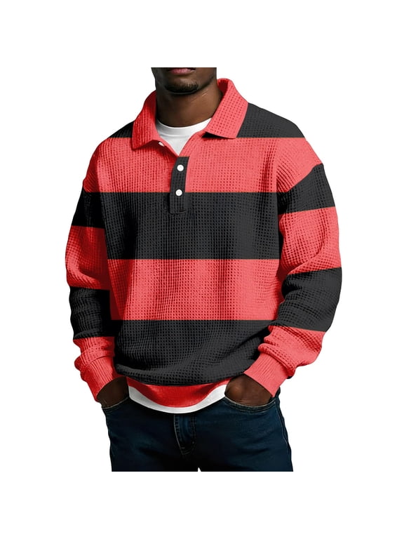 Men Fall Clothes,Men's Waffle Collared Sweatshirt Long Sleeve Casual Stylish Colorblock Pullovers Preppy Style Workout Outerwear Tops