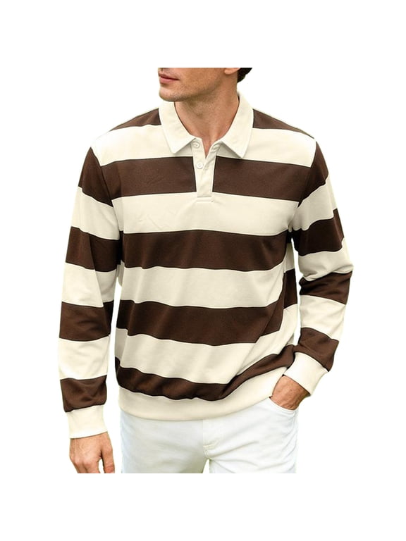 Men Fall Clothes,Mens Striped Sweatshirt Long Sleeve Rugby T-Shirt Fashion Fall Color Block Pullover Tops Collared Preppy Shirt