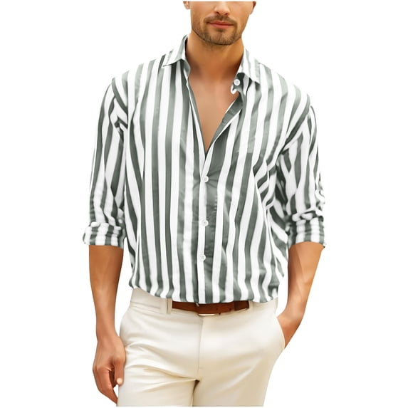 Men Fall Clothes,Mens Summer Cotton Linen Button Down Shirts Trendy Striped Color Block Collar Long Sleeve Business Casual Dress Shirt