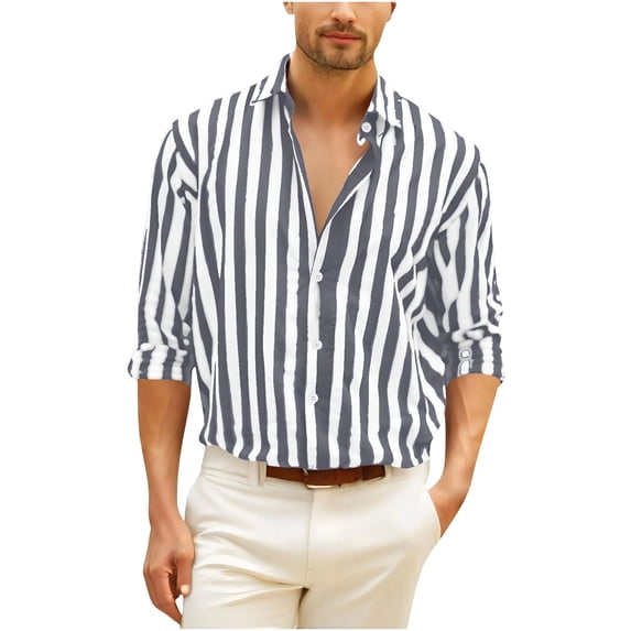 Men Fall Clothes,Mens Summer Cotton Linen Button Down Shirts Trendy Striped Color Block Collar Long Sleeve Business Casual Dress Shirt