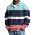 thumbnail image 1 of Men Fall Color Block Stripe Waffle Knit Collared Long Sleeve Casual Polo Pullover Shirt 5XL, 1 of 3
