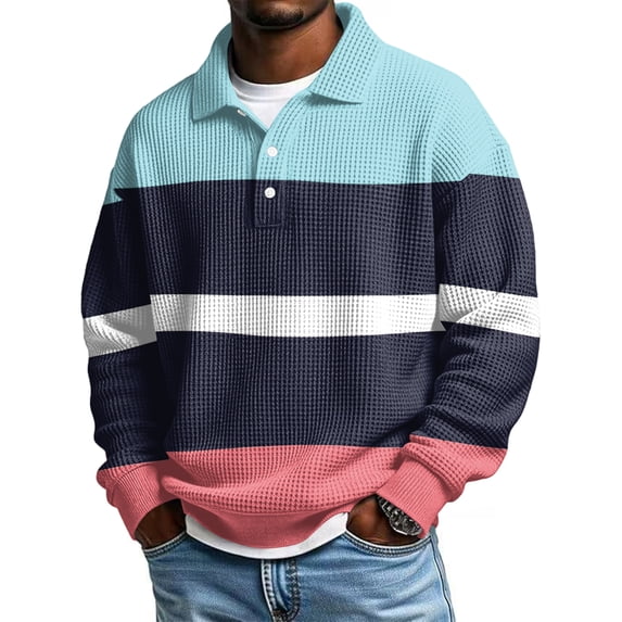 Men Fall Color Block Stripe Waffle Knit Collared Long Sleeve Casual Polo Pullover Shirt 5XL
