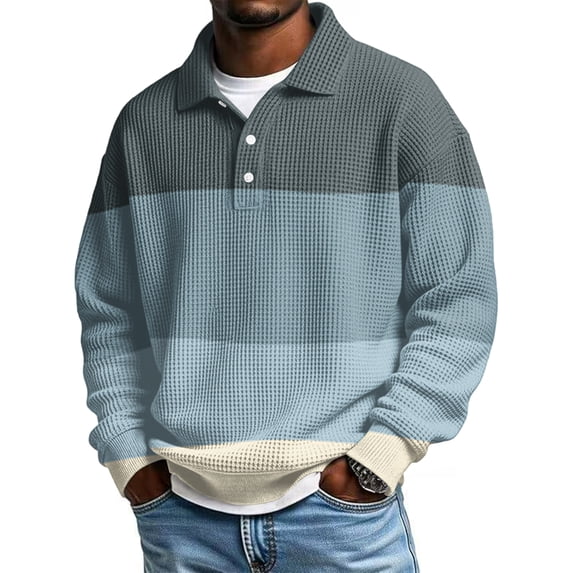 Men Fall Color Block Stripe Waffle Knit Collared Long Sleeve Casual Polo Pullover Shirt 5XL