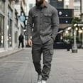 thumbnail image 1 of Men Fall Fleece 2 Piece Outfit Long Sleeve Button Down Shirt Wide Leg Cargo Pants Set With Pockets Solid Loungewear Sweatsuits (L, GY1), 1 of 9