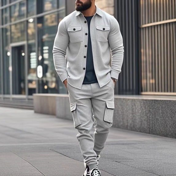 Men Fall 2 Piece Outfit Long Sleeve Button Down Shirt Wide Leg Cargo Pants Set With Pockets Solid Loungewear Sweatsuits (S, GY2)