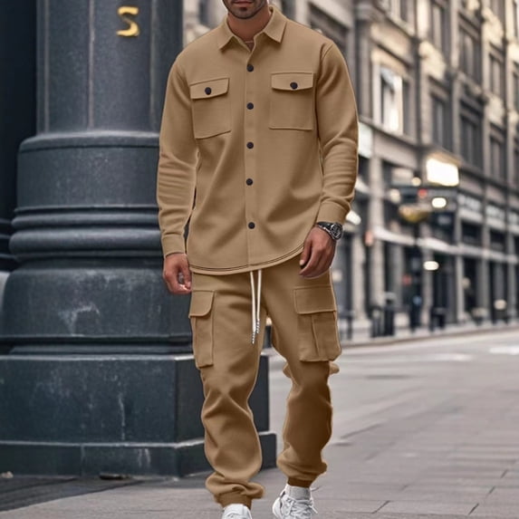 Men Fall Fleece 2 Piece Outfit Long Sleeve Button Down Shirt Wide Leg Cargo Pants Set With Pockets Solid Loungewear Sweatsuits (XXXL, Khaki)