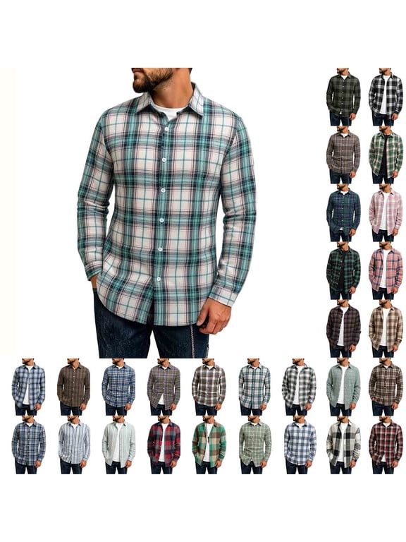 Men Fall Shirt Mineart Men's Plaid Flannel Shirt Long Sleeve Fashion Collar Casual Thin Outerwear Jacket Daily Versatile Top Multi-color