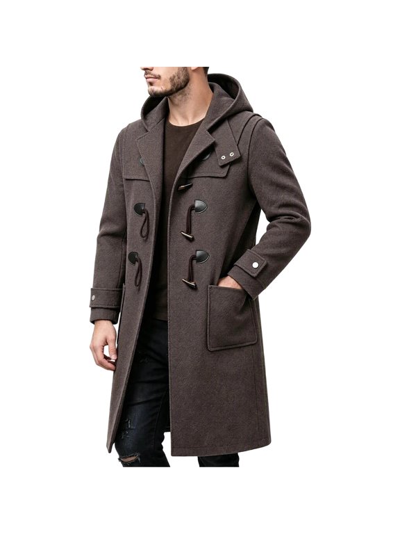 Men Fall Winter Warm Fashion Overcoat Hooded Toggle Button Mid Length Casual Wool Blend Coat Traveling Camping
