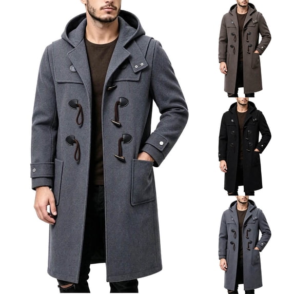 Men Fall Winter Warm Fashion Overcoat Hooded Toggle Button Mid Length ...