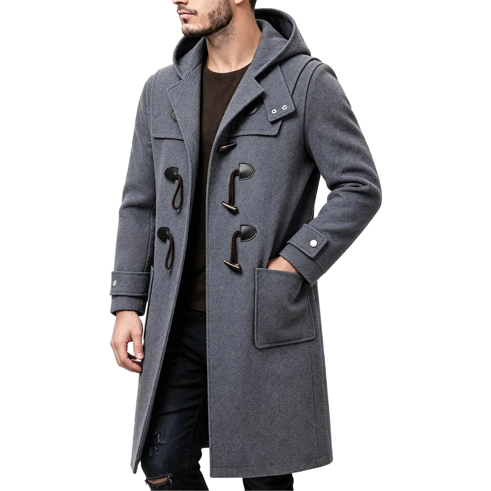 Men Fall Winter Warm Fashion Overcoat Hooded Toggle Button Mid Length ...