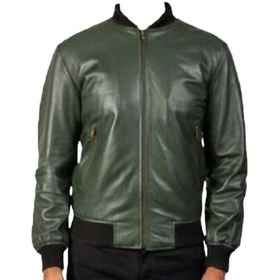 Men Fashion Bomber Green 100% Genuine Lambskin Leather Lightweight Soft Satin lining Jackets for Men - L Size