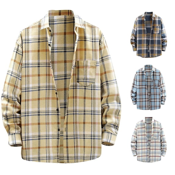 Men Fashion Casual Square Printing Lightweight Breathable Long Sleeve Lapel Formal Shirt Yellow 4XL
