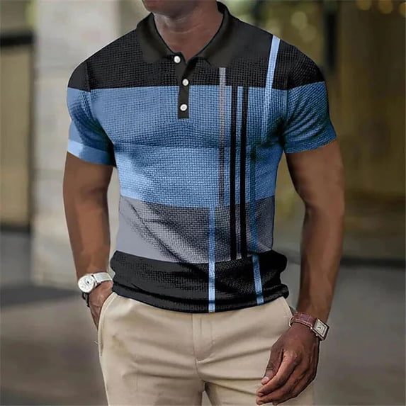 Men Fashion Casual Stripe 3D Print Polo Shirt , Men Oversize Sport Short Sleeve Lapel Polo Shirt Tops , S-5XL .