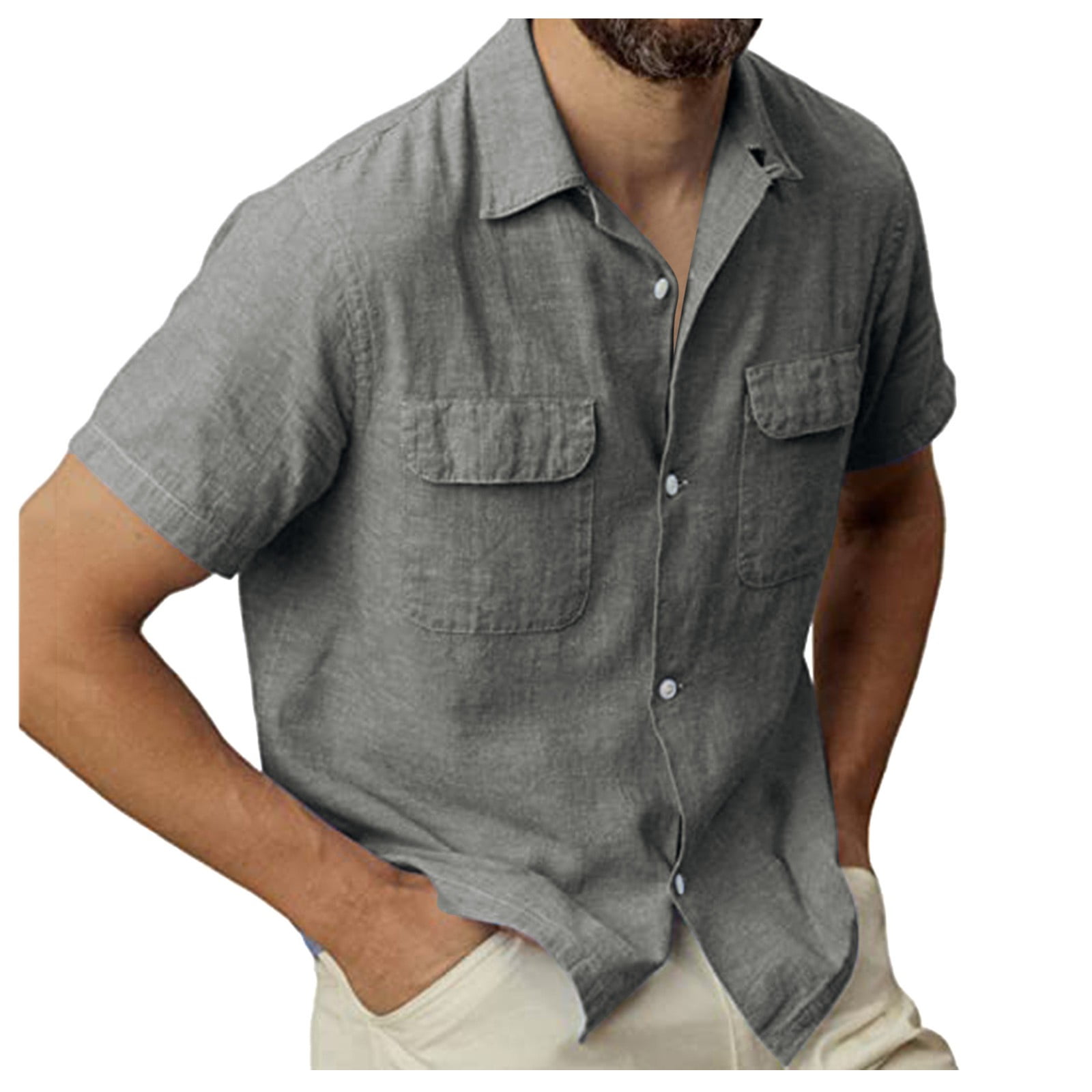 Men Fashion Casual Top Shirt Solid Color Pocket Single Shirts Cotton And  Linen Shirt Short Sleeve Top Shell Top 
