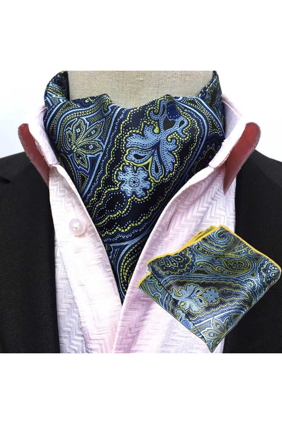 Men Fashion Paisley Cravat Ascot Necktie Matching Hanky Pocket Square Set