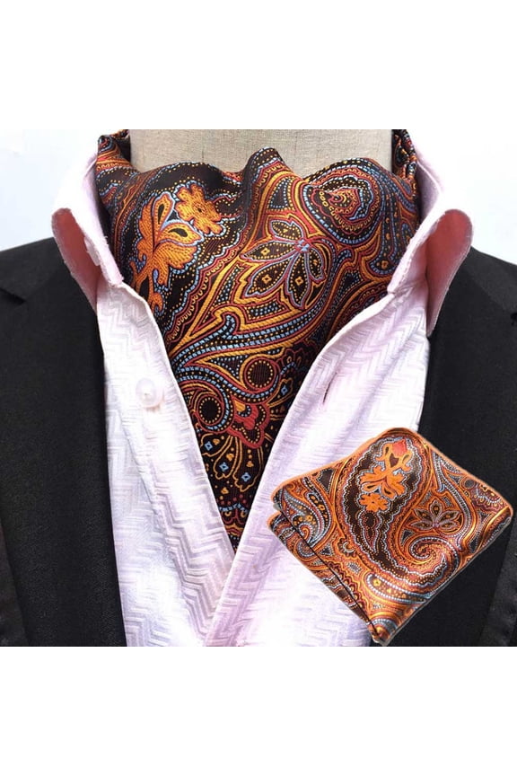 Men Fashion Paisley Cravat Ascot Necktie Matching Hanky Pocket Square Set