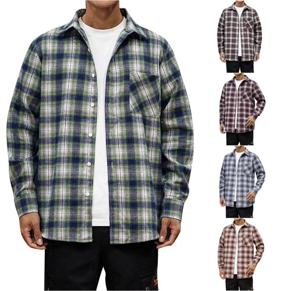 Men Fashion Square Print Lightweight Breathable Long Sleeve Lapel Shirt Green XXL