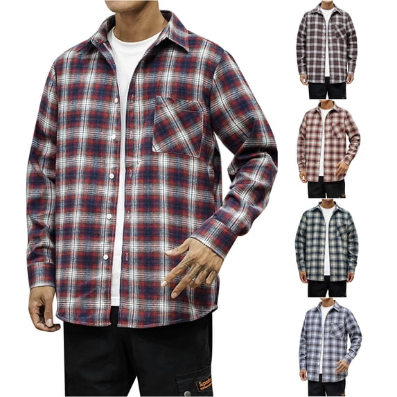 Men Fashion Square Print Lightweight Breathable Long Sleeve Lapel Shirt Red L