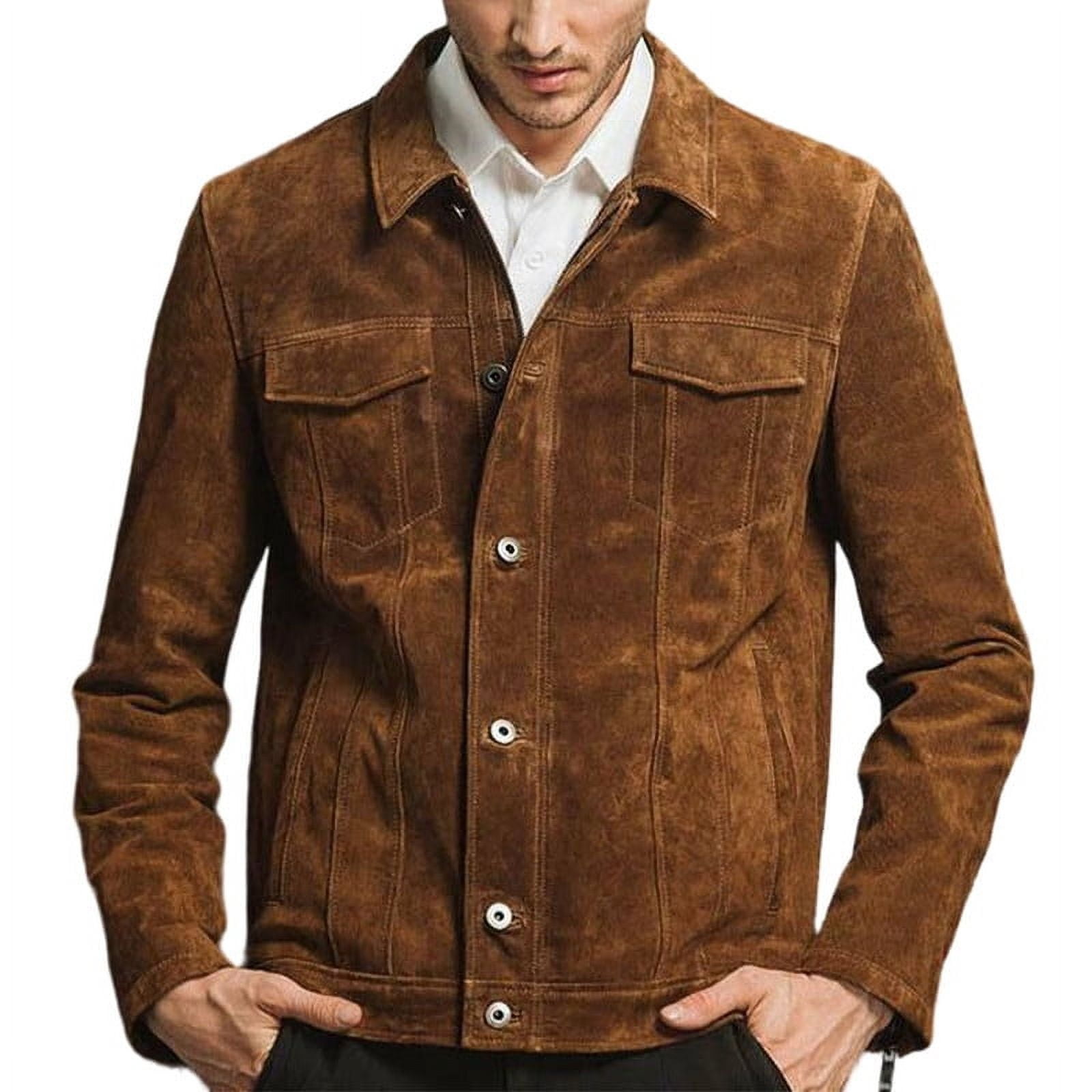 Men Fashion Stylish Brown 100% Genuine Suede Leather Lightweight Soft Satin lining Jackets for Men - L Size