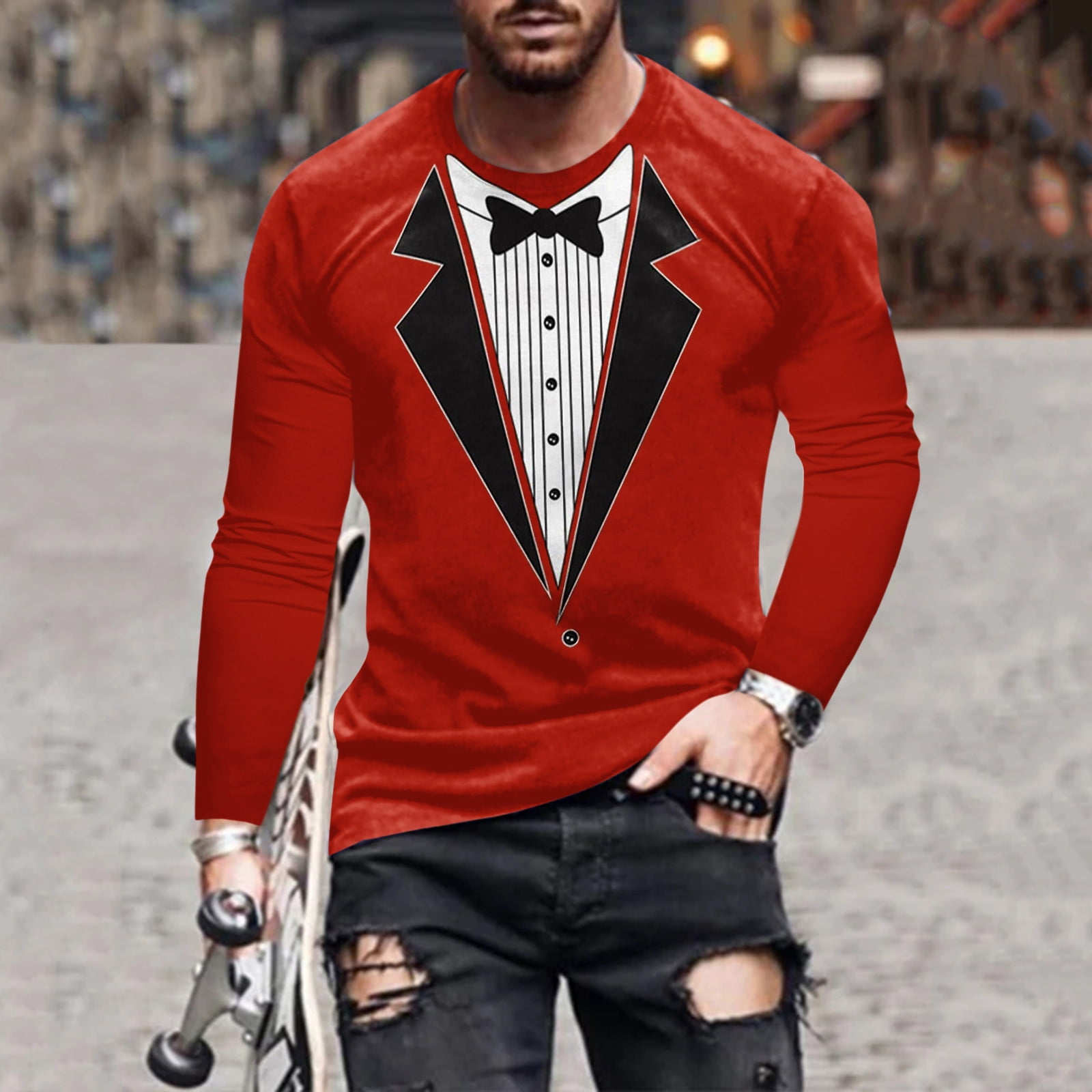 Men Fashion Suit Print Casual Sports Fitness Outdoor T Shirt Round