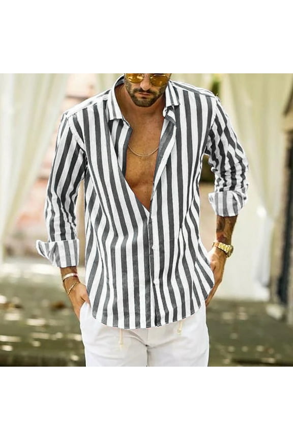 Men Fashion Vertical Striped Print Button V-Necvk Long Sleeve Casual Shirts