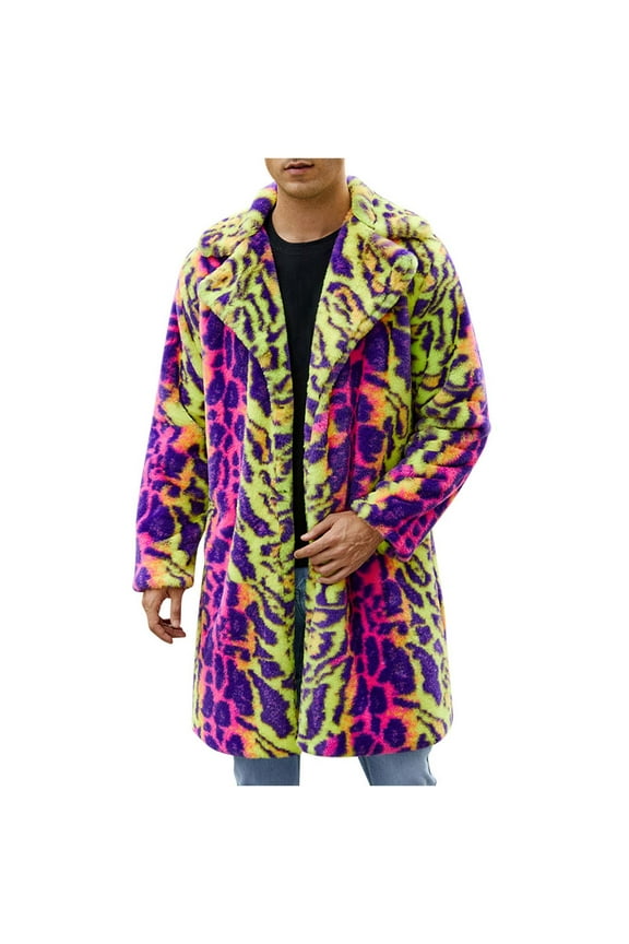 Men Faux Fur Long Coat Leopard Print Fuzzy Fleece Jacket Lapel Open Front Cardigan Jackets Winter Warm Parka Overcoat Outwear