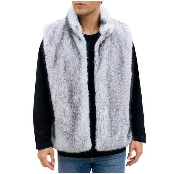 Men Faux Fur Vest Jacket Stand Collar Sleeveless Open Front Cardigan Fuzzy Coats Fluffy Outerwear with Pockets Stand Collar Jacket Thermal Vest Casual Winter Jackets