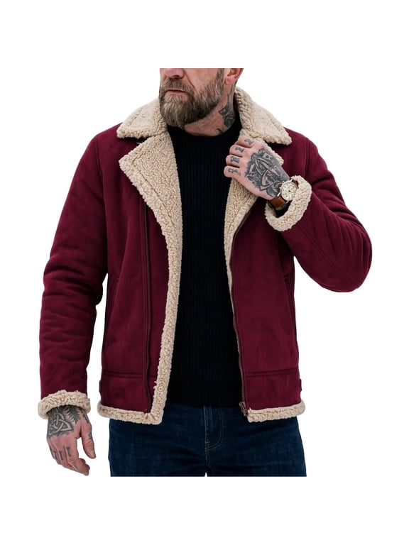 Men Faux Fuzzy Jacket Sherpa Lined Coat Suede Leather,Fleece Lining, Turn Collar,Zip Closure,Pockets,Warm Winter Coat,Windproof Men Coat