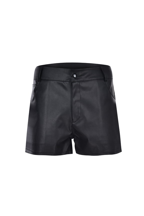 Men Leather Athletic Shorts â PU Material Slim Fit Sport Shorts With Bold Rock Inspired Design And Elastic Waist, Biker Street Style Casual Bottoms For Festival Club Night Outfit