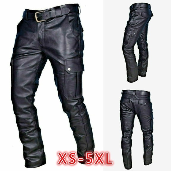 Men Faux Leather Biker Pants Retro PU Stretch Motorcycle Cargo Pants Straight Leg Multi Pockets Moto Trousers