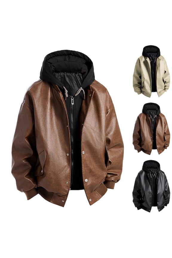 Men Faux Leather Bomber Jacket Long Sleeve Button Down Casual Coat Loose Vintage Fall Winter Streetwear Outerwear