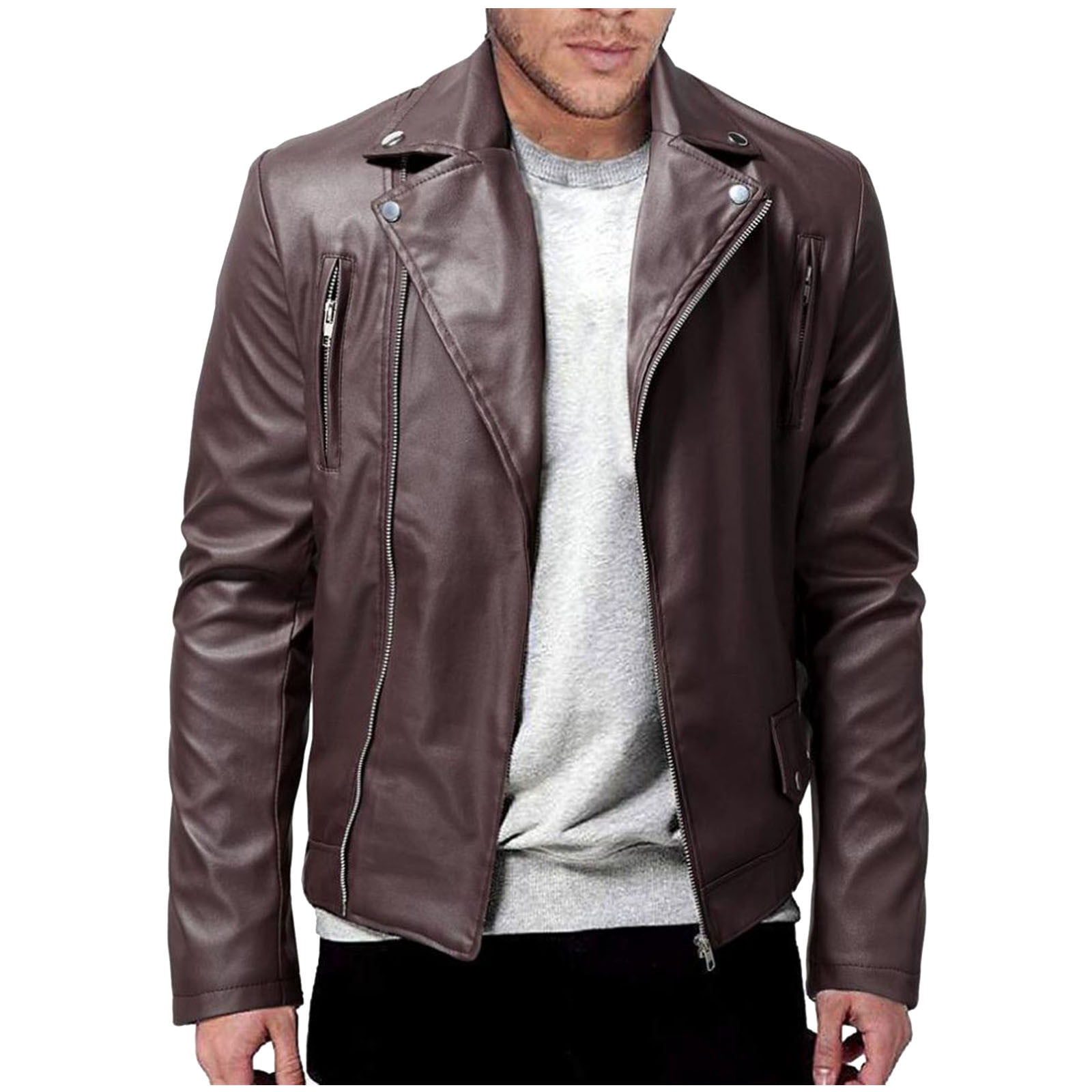 Men Faux Leather Jacket,Men's Genuine Lambskin Leather Jacket Long Sleeve Zip Up Outwear Sports Basic Parka Fall Winter Thickening Coat with Pocket