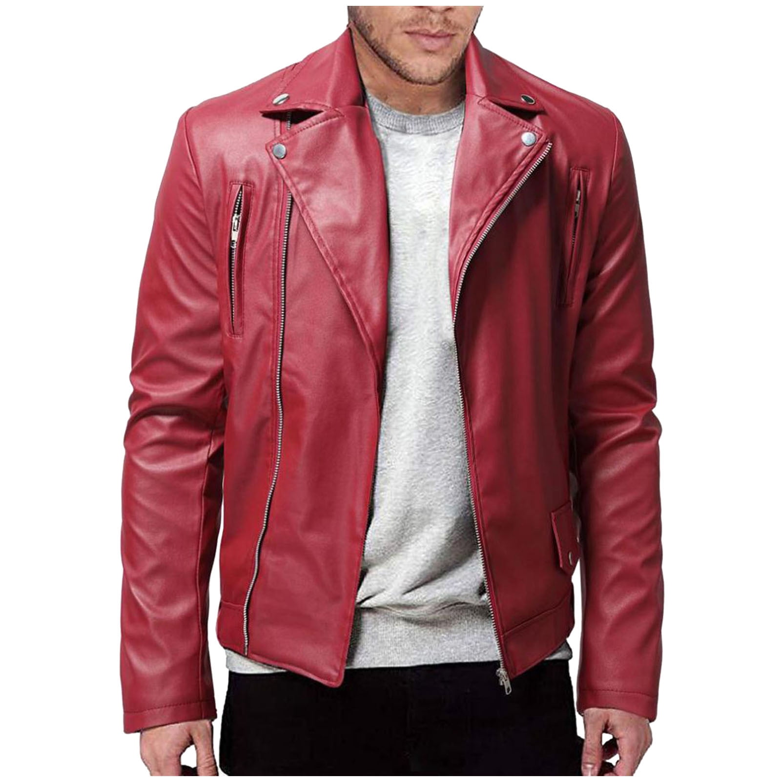Men Faux Leather Jacket,Men's Genuine Lambskin Leather Jacket Long Sleeve Zip Up Outwear Sports Basic Parka Fall Winter Thickening Coat with Pocket