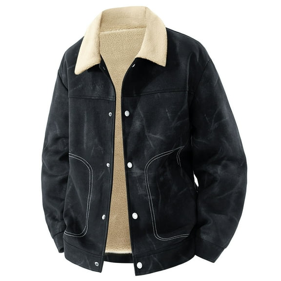 Men Faux Leather Jackets Lapel Button Down Print Shackets Thick Thermal Fall Winter Outwear With Pockets (M, Black)