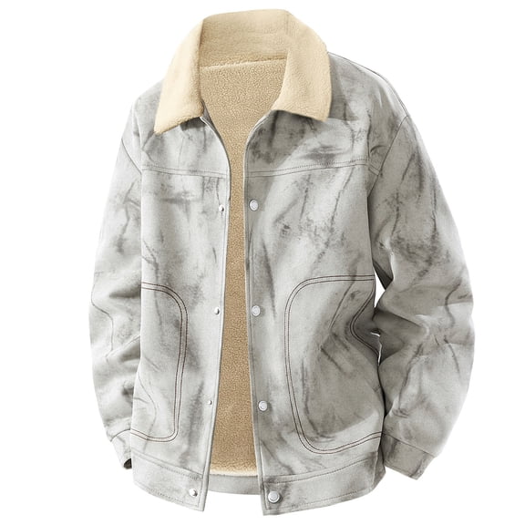 Men Faux Leather Jackets Lapel Button Down Print Shackets Thick Thermal Fall Winter Outwear With Pockets (M, White)