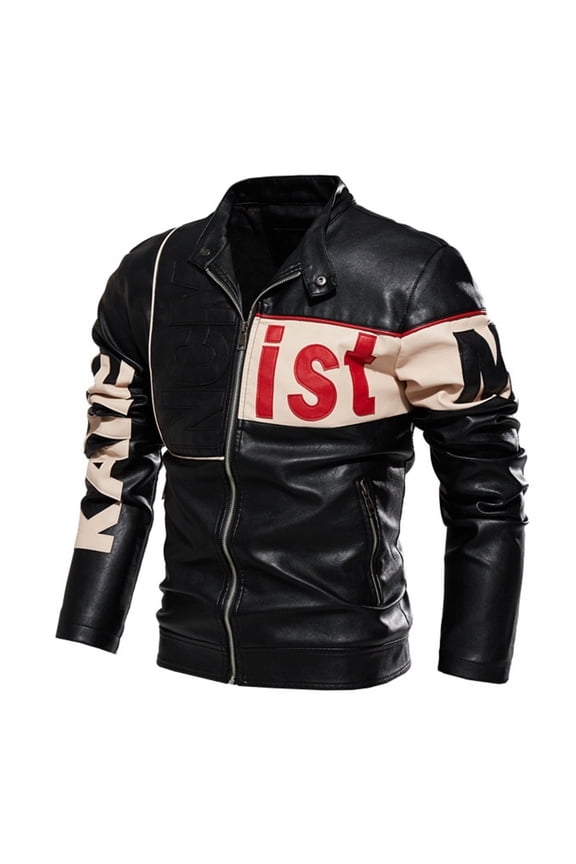 Men Faux Leather Racing Jacket Motorcycle Biker Stand Collar Streetwear Fall Trendy Color Block Full Zip Outerwear Coat