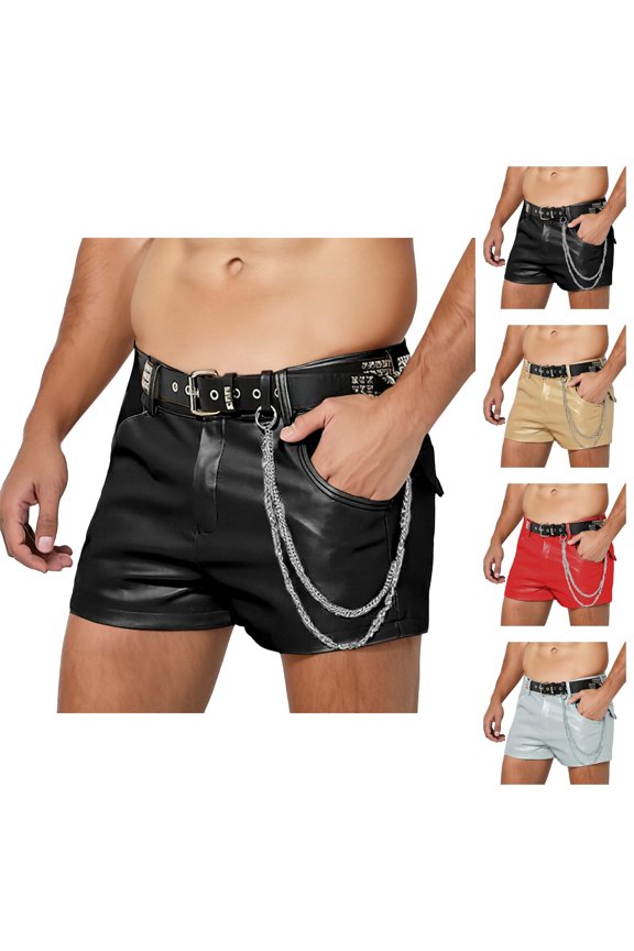 Men Faux Leather Sport Shorts – PU Leather Athletic Shorts With Streamlined Cut Design, Punk Biker Street Style Lounge Bottoms For Festival Night Out Clubwear