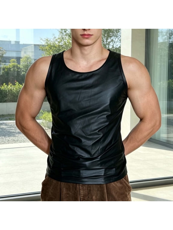 Men Faux Leather Tank Top Sleeveless Slimming Muscle Shirt Lightweight Tunic Nightclub Party Clubwear Tee