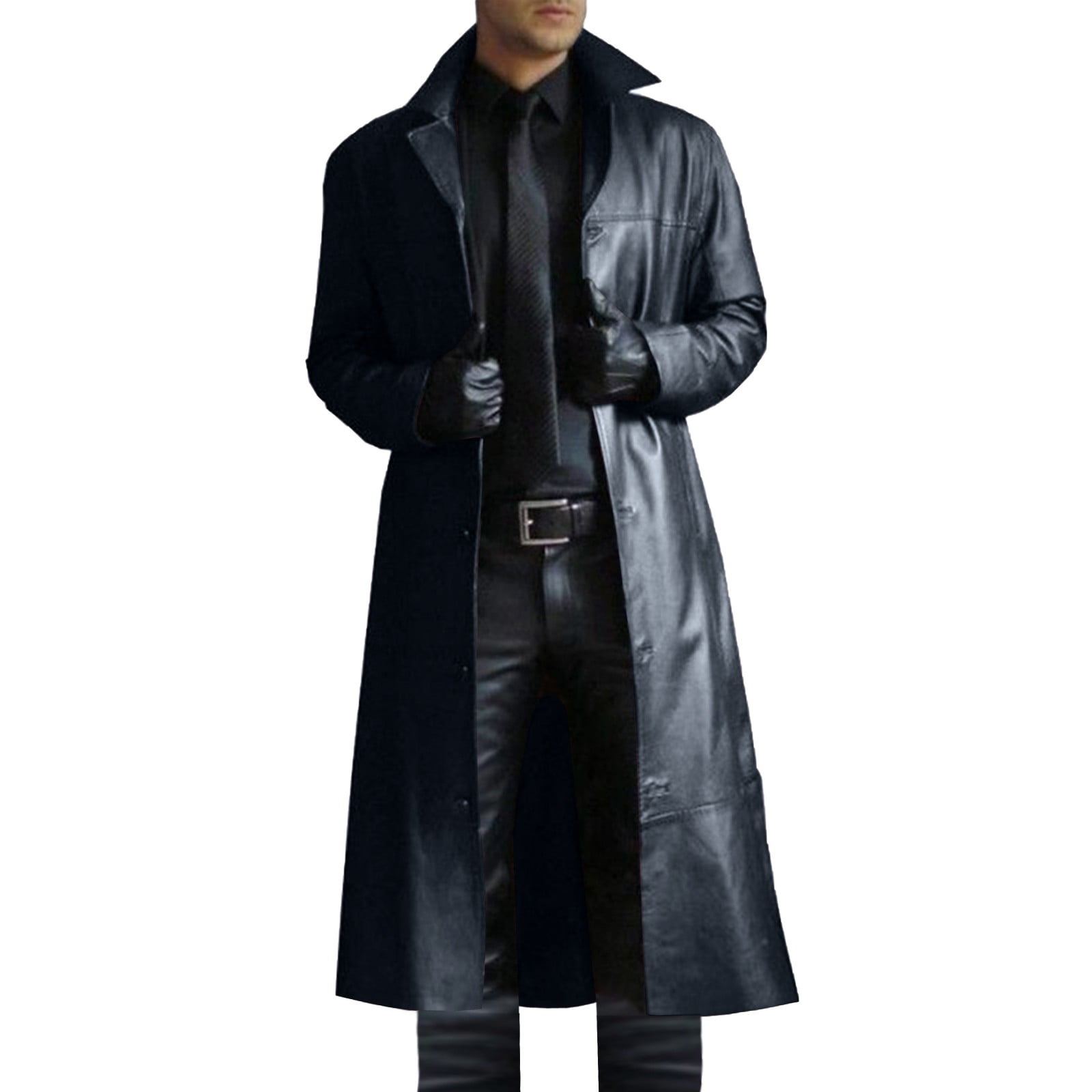 Men Faux Leather Trench Coat, Stylish Notch Stand Collar Detective 