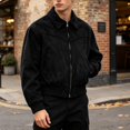 thumbnail image 1 of Men Faux Suede Bomber Jacket, Classic Turn‑Down Collar Full Zip Ribbed Hem Casual Cropped Outerwear Coat(Black,XXL), 1 of 3