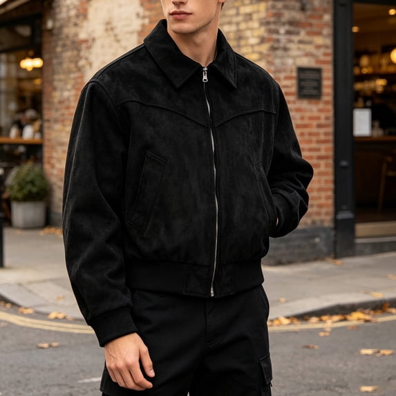 Men Faux Suede Bomber Jacket, Classic Turn‑Down Collar Full Zip Ribbed Hem Casual Cropped Outerwear Coat(Black,XXL)