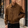 thumbnail image 1 of Men Faux Suede Bomber Jacket, Classic Turn‑Down Collar Full Zip Ribbed Hem Casual Cropped Outerwear Coat(Brown,XL), 1 of 6
